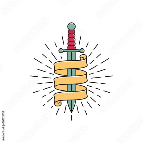Color illustration of a dagger with ribbon and rays on a white background. Vector illustration for tattoo and stickers.