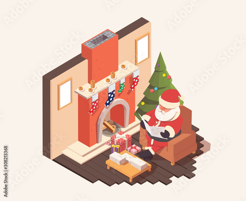 Santa Claus sitting near fireplace and reads children's letters. Christmas time concept. Vector isometric illustration.