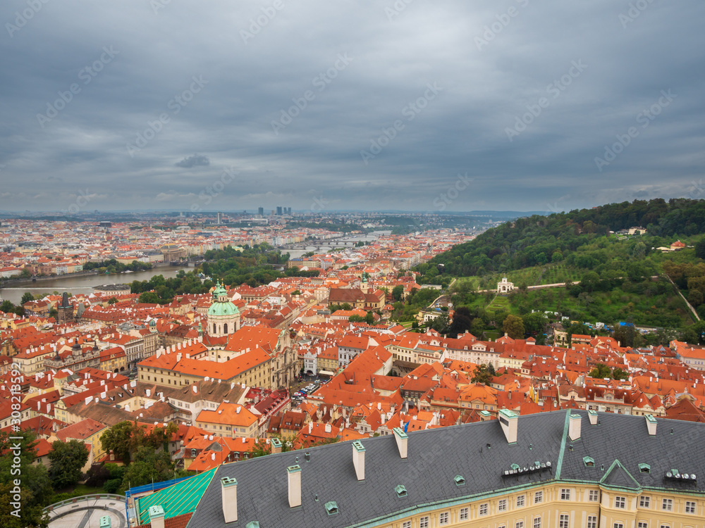 Praha City vie with old architecture and dark stunning clouds 