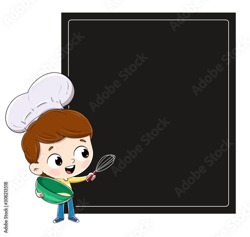 Child chef with a blackboard where the menu is showing