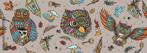 Owls seamless pattern. Magic birds, traditional tattooing background. Fairy t...