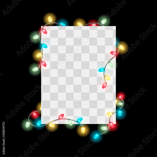 The frame for your content is surrounded by Christmas lights, gerlyadndy that shine with a soft glow. Christmas cards, invitations or family photos. Vector