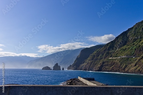 Panoramic view of the Atlantic coast from the pier in Porto Moniz (Madeira, Portugal, Europe)