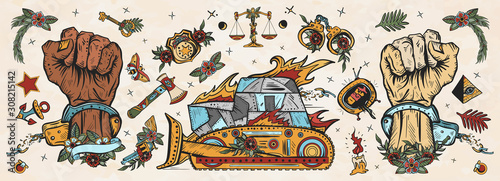 Fight for rights concept. Old school tattoo collection. White and black hand, burning armored bulldozer. Freedom and slavery. Demonstration, revolution and protest concept. Traditional tattooing style