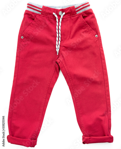 Red Baby-boy pants isolated on white background for spring and autumn wardrobe/ Baby clothes/ Top view/ Flat lay