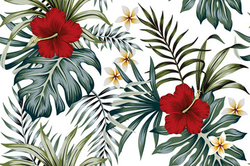 Fotobehang Hibiscus patronen Vintage hibiscus plumeria groene jungle  © good_mood