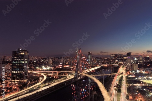Aerial view of famous Estaiada's Bridge decorated for Christmas and New Year Celebrations. Sao Paulo, Brazil © ByDroneVideos