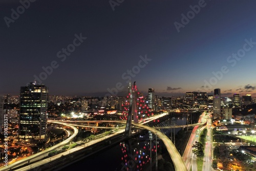 Aerial view of famous Estaiada s Bridge decorated for Christmas and New Year Celebrations. Sao Paulo  Brazil