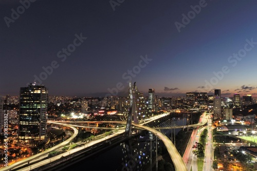 Aerial view of famous Estaiada's Bridge decorated for Christmas and New Year Celebrations. Sao Paulo, Brazil