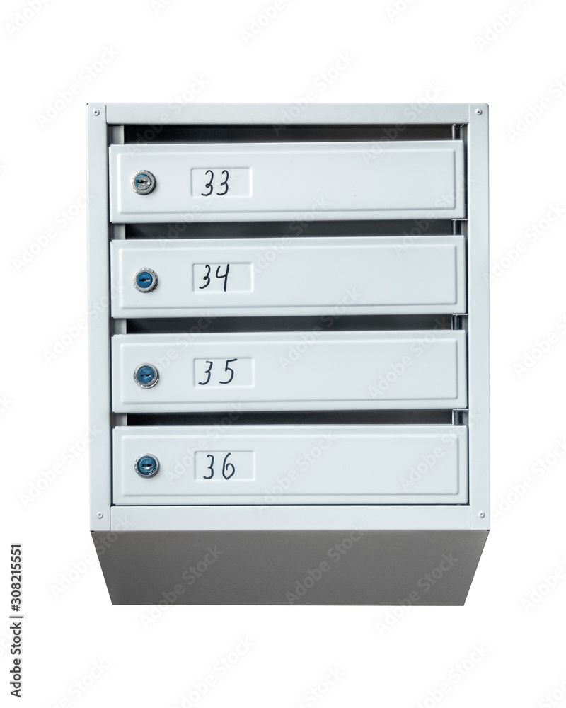 Group of mailboxes with apartment numbers isolated on a white background Group of mailboxes with apartment numbers isolated on a white background