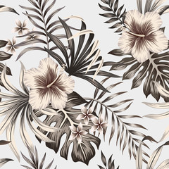 Fotobehang Hibiscus patronen Grafische hibiscus plumeria op grijs  © good_mood