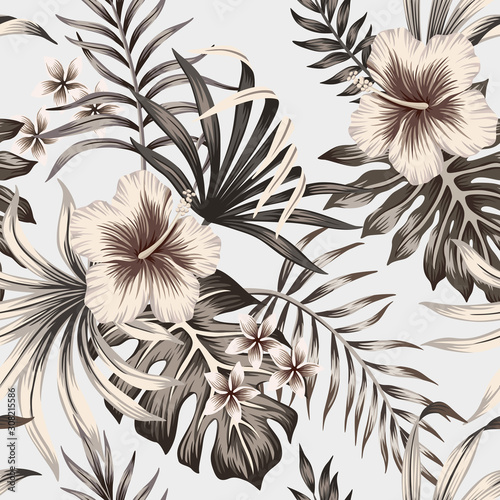 Tropical vintage graphic hibiscus plumeria floral palm leaves seamless pattern grey background. Exotic summer wallpaper.