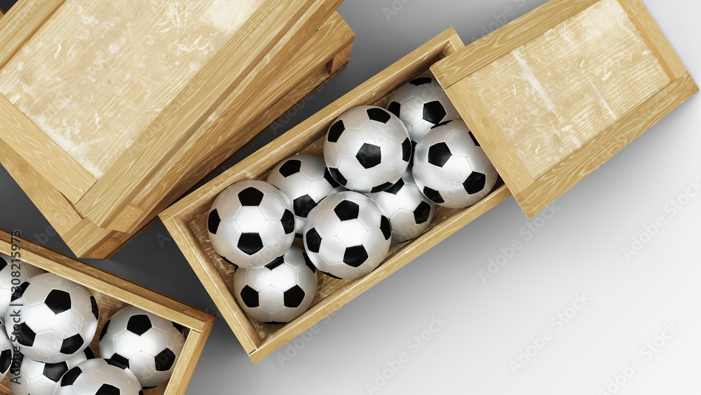 Top view of Four Wood Transport Box with Two opened which contain several soccer balls Top view of Four Wood Transport Box with Two opened which contain several soccer balls