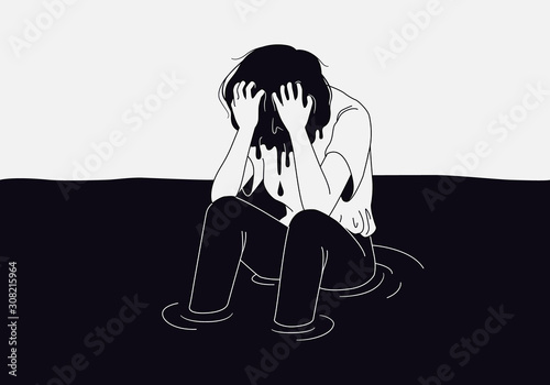 Depression teenager woman drowning in her regret, anxiety and stress. Mental health problem illustration