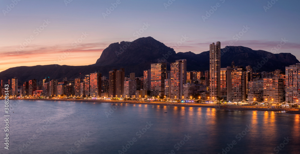 Sunset view on Benidorm Levante beach in Alicante Mediterranean of Spain