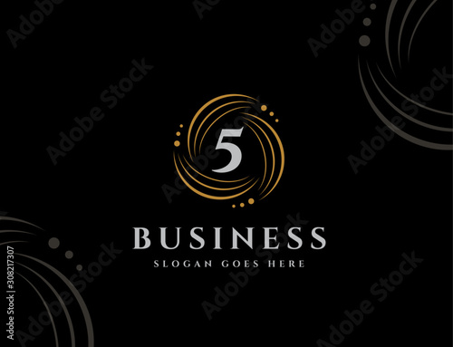 Royal circle gold orbit with dots initial number 5 logo design vector graphics