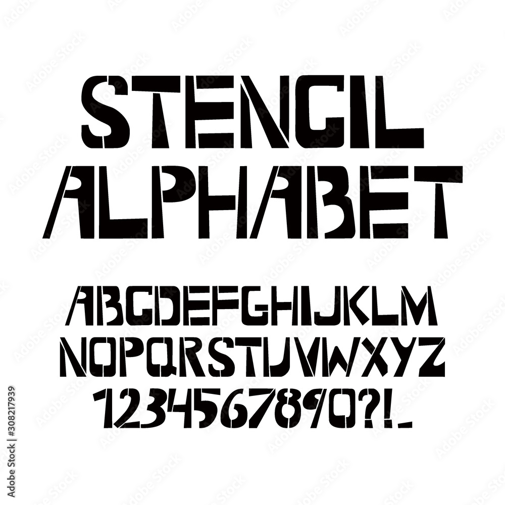 Obraz premium Stencil typeface. Painted vector uppercase characters on white background. Typography alphabet for your designs: logo, typeface, card