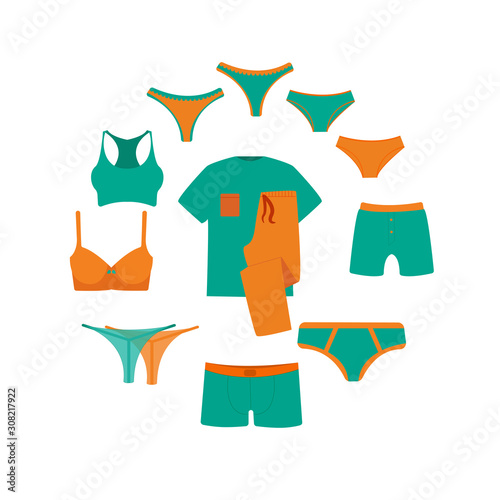 Vector circle banner line icon underwear set. Set vector hygiene objects clothing, women's and men's underpants, bra. Home textiles. Cotton pajamas