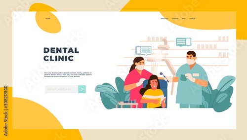 Dentist landing page. Patient examination at doctor office concept, tooth care and and dentist checkup. Vector digital stomatology web page for consulting and diagnostic patients dental staff