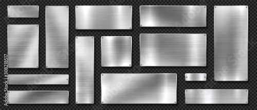 Metal banners. Realistic stainless steel boards with scratched grunge texture and silver shine. Vector metal signs and plates set, riveted image plaque or alloy plating on black transparent background