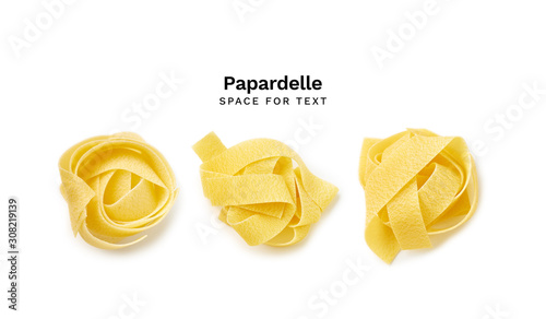 Photos Flatlay with three raw papardelle pasta nests on white background