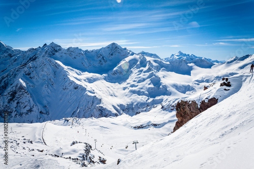 Winter panoramic view of the snowy high mountains of Elbrus in the Russia