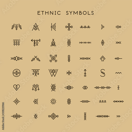 Vector set of line art symbols for logo design and lettering in boho and hipster style.