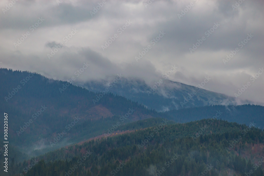 Autumn landscape background in the rain weather with fog