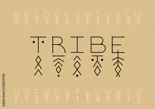 Linear runic geometric uppercase font decorated with thin line patterns. photo