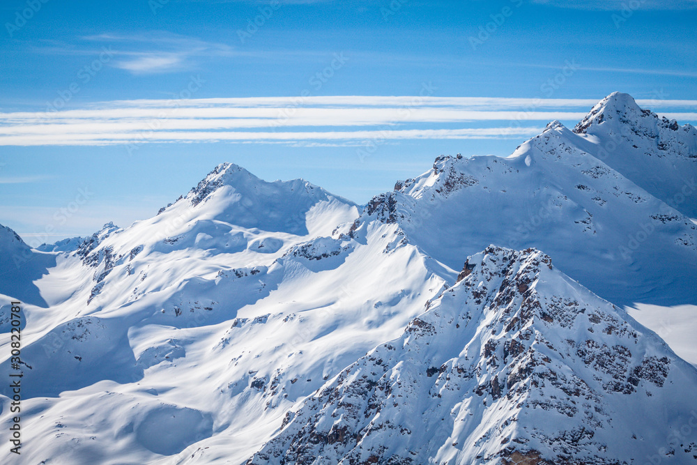 Winter panoramic view of the snowy high mountains of Elbrus in the Russia