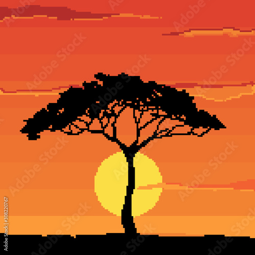 Sunset in Africa with giraffe and trees, savanna landscape vector illustration. Pixel art. 8 bit. 