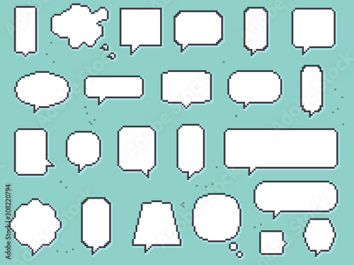 Set of blank empty white speech bubbles. Pixel art. 8 bit. 