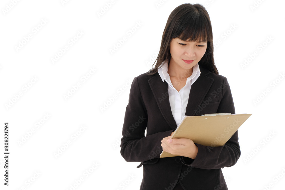 Young Asian business woman in black suit with long hair holding document on clipboard on white background. Serious business woman looking at documents,studio isolated. Young Asian business woman in black suit with long hair holding document on clipboard on white background. Serious business woman looking at documents,studio isolated.