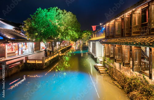 At night, the streets of Zhouzhuang Ancient Town, Suzhou, China