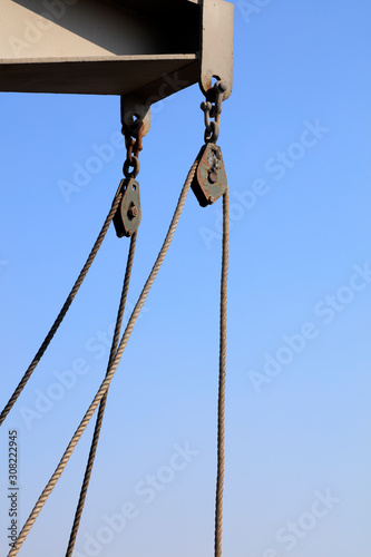 A pulley on a cargo ship