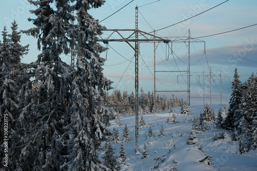 Fototapeta Naklejka Na Ścianę i Meble -  scenic location in norway with snowy spruces and large high voltage line poles