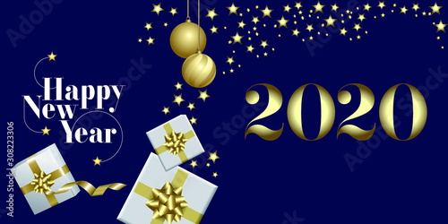 2020-Carte de voeux fond bleu nuit avec des cadeaux dans une ambiance de fête.