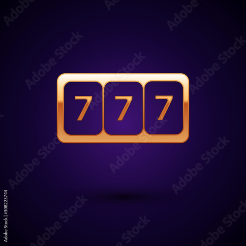 Gold Slot machine with lucky sevens jackpot icon isolated on dark blue background.  Vector Illustration