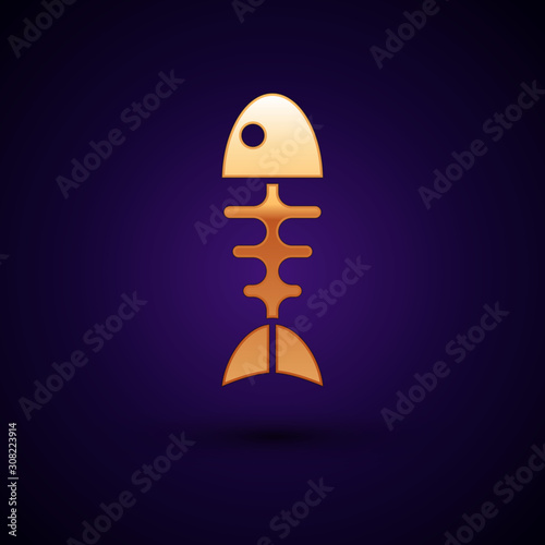 Gold Fish skeleton icon isolated on dark blue background. Fish bone sign.  Vector Illustration