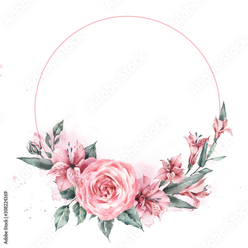 Wreath of delicate flowers and leaves. Do wedding invitation design, wedding branding or print.