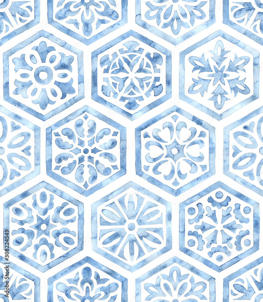 Fototapeta Seamless watercolor pattern. White and blue ornament. Print for textiles. Hexagons drawn by brush on paper.