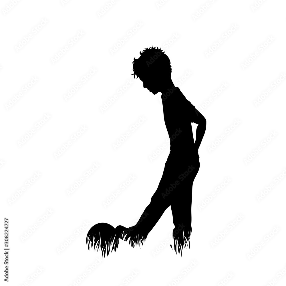 Vector silhouette of boy who play football in the grass on white background. Symbol of boy, alone, play, game, ball, soccer, infant, childhood, nature, park, garden. Vector silhouette of boy who play football in the grass on white background. Symbol of boy, alone, play, game, ball, soccer, infant, childhood, nature, park, garden.