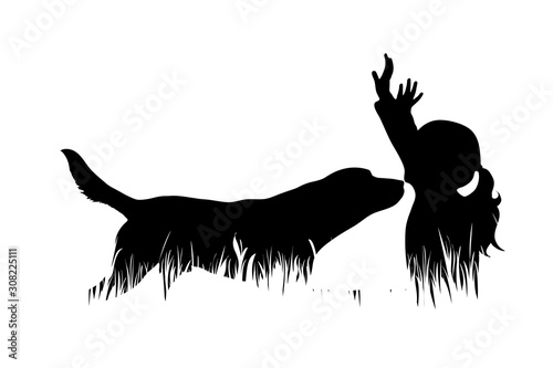 Vector silhouette of child with dog in the grass on white background. Symbol of girl, play, game, pet, animal, friends, infant, childhood, nature, park, garden.