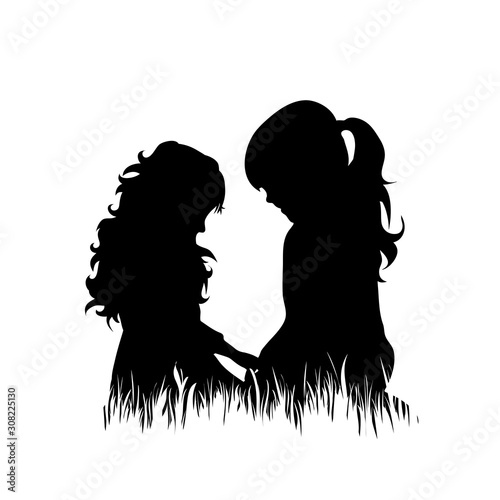 Vector silhouette of siblings in the grass on white background. Symbol of girl, sister, friends, family, infant, childhood, nature, park, garden.
