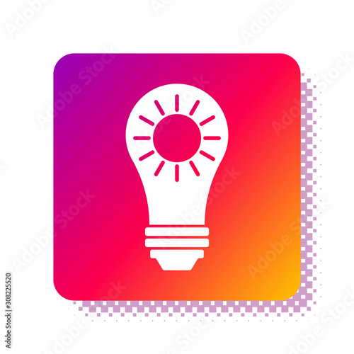 White Solar energy panel icon isolated on white background. Sun and light bulb. Square color button. Vector Illustration