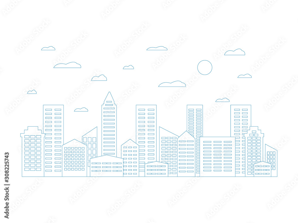 City landscape template. Thin line city landscape. Panorama buildings isolated outline illustration. Urban vector illustration