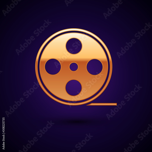 Gold Film reel icon isolated on dark blue background. Vector Illustration