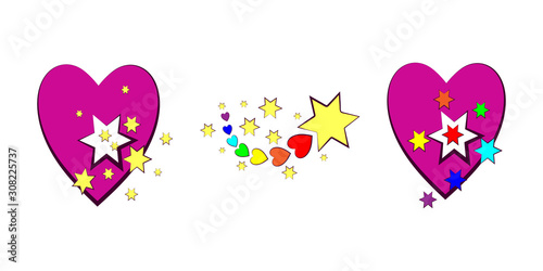  Hearts and stars. Festive set of elements for Valentine s Day. Color images of hearts and stars. Vector illustration.