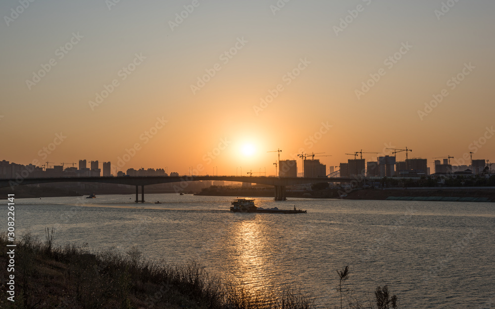City river bank sunset landscape view