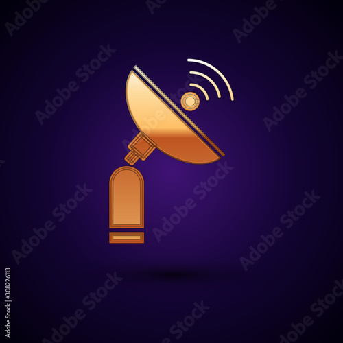 Gold Radar icon isolated on dark blue background. Search system. Satellite sign. Vector Illustration